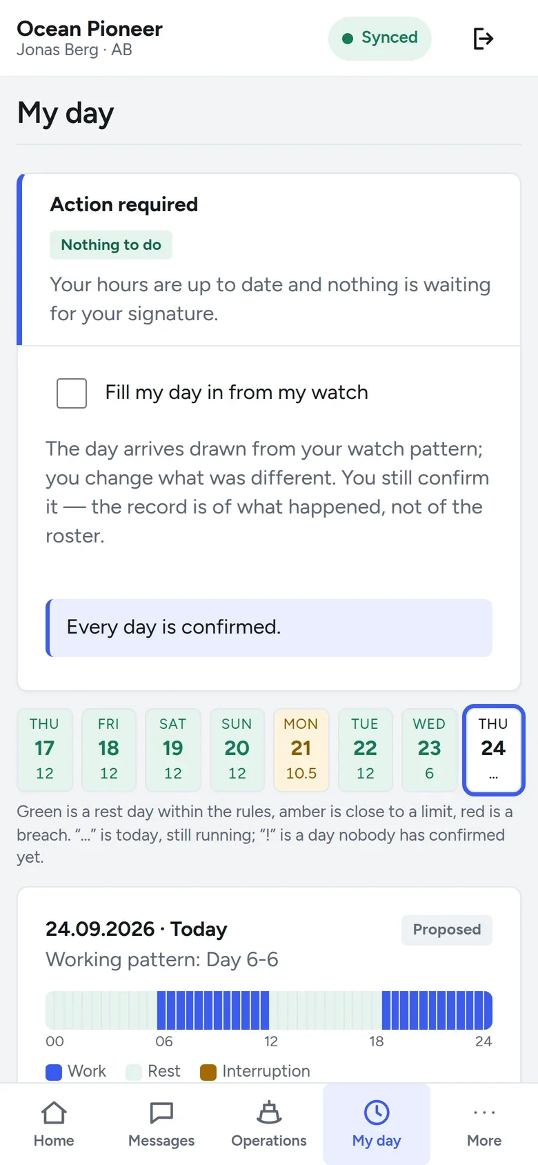 Work and rest hours — My day on a phone, screen in the NoRemarks app