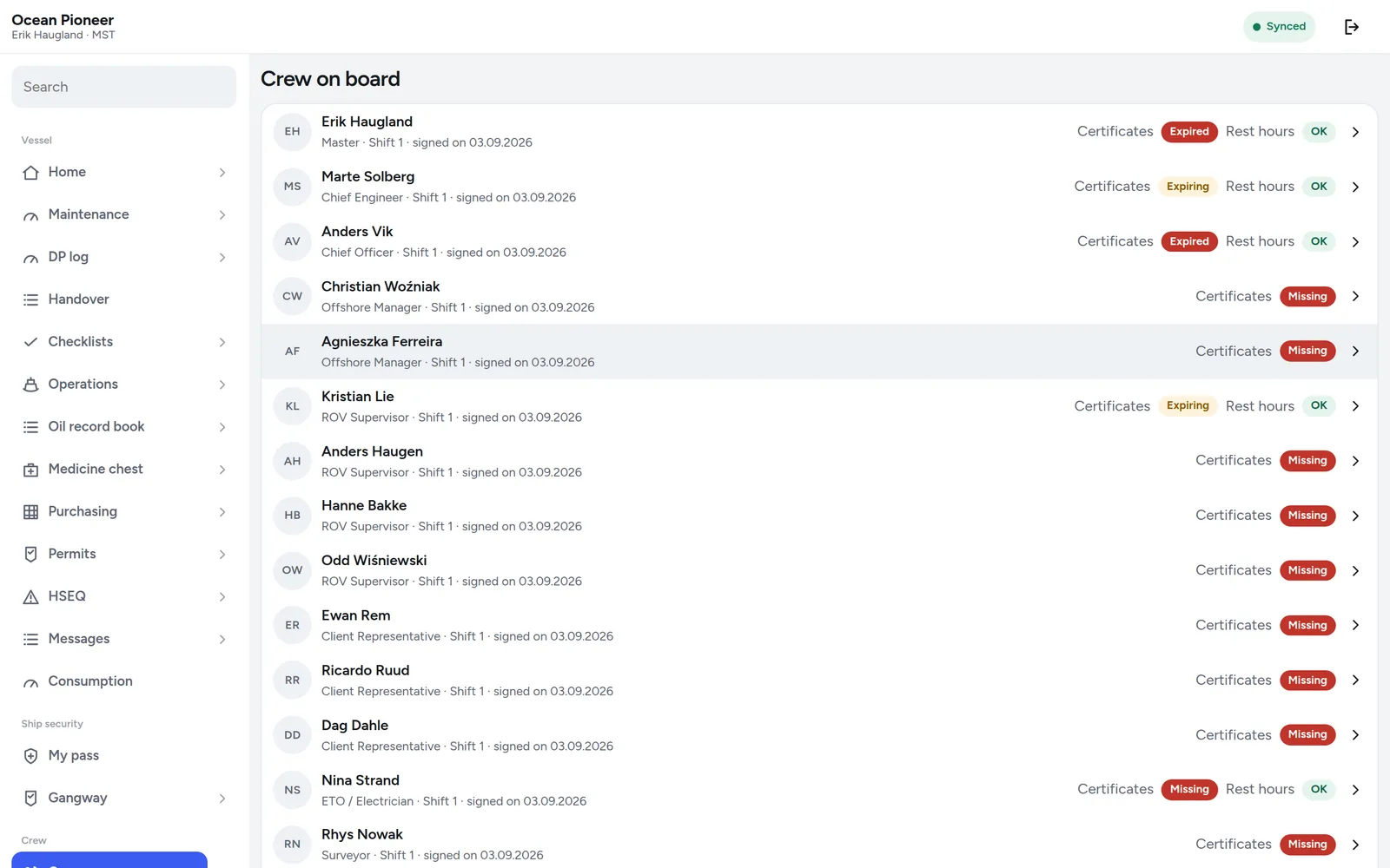 The crew list screen showing each person on board with position, department and certificate status.