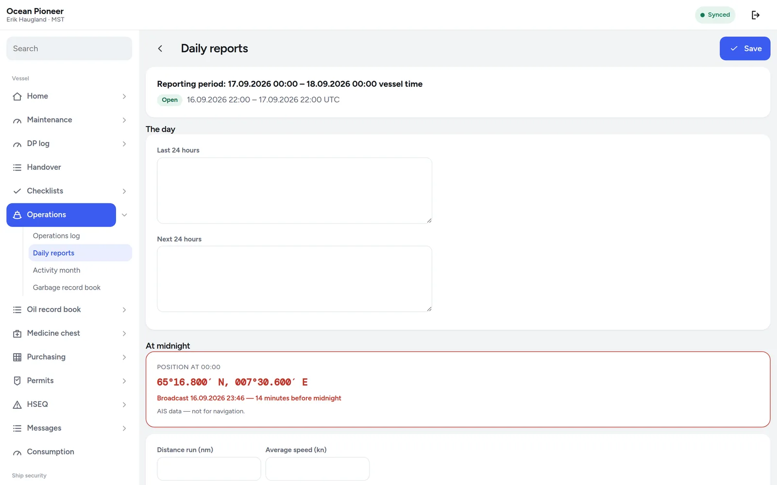 The daily report screen with the vessel position, personnel on board, activity and consumption figures.